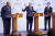 토니 블링컨 미국 국무장관(오른쪽), 사메 수크리 이집트 외무장관(왼쪽), 아이만 사파디 요르단 외무장관이 4일(현지시간) 요르단 암만에서 회동한 뒤 공동 기자회견을 하고 있다. AP=연합뉴스