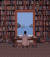책으로 빼곡한 서재 한가운데서 지중해의 푸른 티레니아 바다를 응시하는 작가 본인을 그린 ‘티레니아해 옆 서재’. A Library by the Tyrrhenian Sea ⓒIlya Milstein