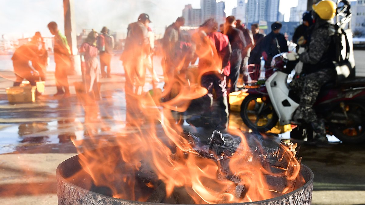 7일 오전 경북 포항시 죽도어시장에서 상인들이 갑자기 추워진 날씨에 모닥불을 피워놓고 있다. 뉴스1