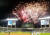 지난 9월 22일 서울 잠실야구장에서 열린 프로야구 '2023 신한은행 SOL KBO리그' LG트윈스와 NC 다이노스의 경기 클리닝 타임 중 LG트윈스 홈경기 15번째 100만 관중 달성 축하 불꽃놀이가 펼쳐지고 있다.뉴스1