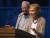 로잘린 카터 여사가 남편 지미 카터 전 미국 대통령과 함께 2018년 8월 미국 노터데임 대학에서 열린 자원봉사 행사 ‘지미 앤 로잘린 카터 워크 프로젝트’ 개막식에서 연설하고 있다. [AP=연합뉴스]