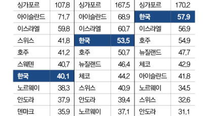 한국 국가부채비율 비기축통화국 13개국 중 4위