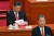 시진핑 중국 국가주석이 지난 11일 베이징 인민대회당에서 열린 전국인민대표대회(전인대) 폐막식에서 자오러지 전인대 상무위원장의 연설을 듣고 있다. AFP=연합뉴스