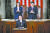 카말라 해리스 미국 부통령(왼쪽)과 마이크 존슨 하원의장이 11일 워싱턴 DC 미국 국회의사당에서 열린 의회 합동연설에서 기시다 후미오 일본 총리에게 박수를 보내고 있다. AFP=연합뉴스