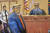 도널드 트럼프 전 미국 대통령이 15일(현지시간) 뉴욕 맨해튼형사법원 법정에 출석해 재판을 받고 있는 모습을 그린 스케치. AP=연합뉴스