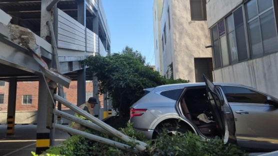 지붕 위로 날아든 SUV…호텔 2층 주차장서 추락, 주택 덮쳤다