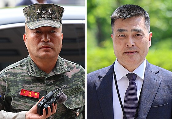 Marine Corps Commander Kim Gye-hwan (left photo) and former Marine Corps investigation team leader Park Jeong-hoon are present at the High-ranking Official Crime Investigation Office at the Gwacheon Government Complex in Gwacheon-si, Gyeonggi-do on May 21 to receive an investigation related to the investigation into the case of Corporal Chae. Yonhap News·News 1