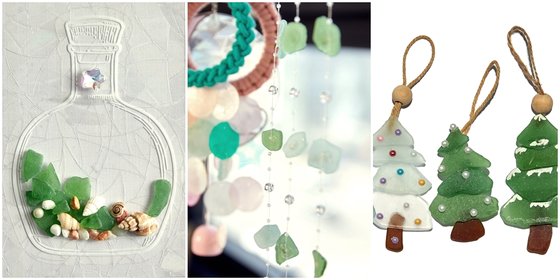 Crafts made from glass pieces picked up at beachcombing. Because sea glass comes in a variety of colors, shapes, and sizes, it can be used to make various small items such as decorative picture frames, mood lights, mobiles, and key chains. 