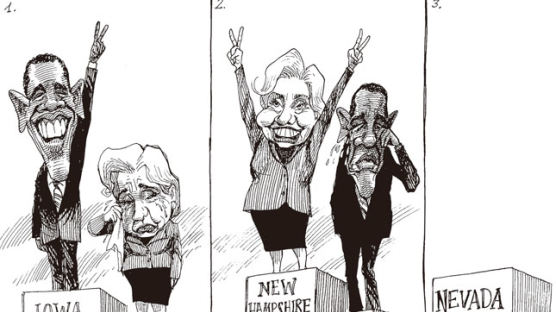 [해외 만평] 일희일비 … 미국 민주당 대선 후보 경선 3차전은 19일 라스베이거스(네바다 주)에서 