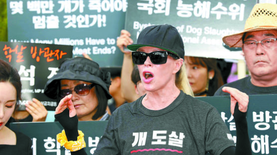 킴 베이싱어 “개 도살 그만” vs 육견협회 “합법적 축산물”