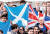 스코틀랜드의 영국으로부터의 분리독립 찬반 국민투표를 사흘 앞둔 2014년 9월 15일 런던 트래펄가광장에서 ‘함께하자’ 캠페인 지지자들이 영국 국기와 스코틀랜드 기를 함께 들고 분리 반대 시위를 벌이고 있다. [AP=연합뉴스]